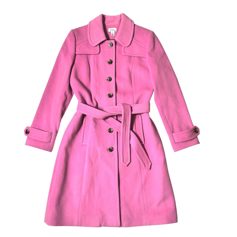 Lilly Pulitzer Belted Wool Trench Coat 10 Pink Button Front Long Jacket